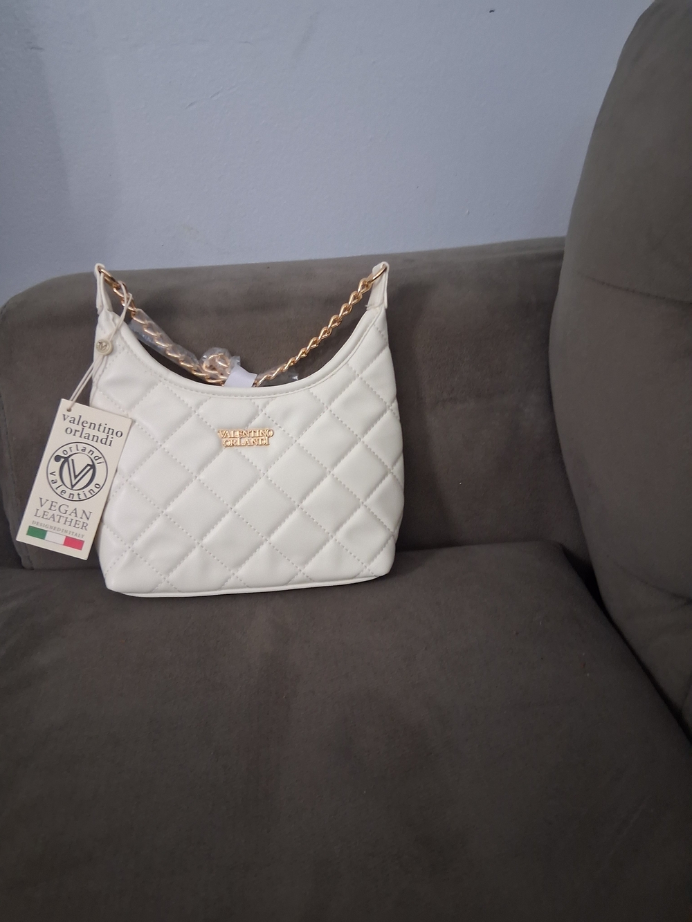 Valentino Orlandi Cream Quilted Mini Shoulder Bag with Gold Chain